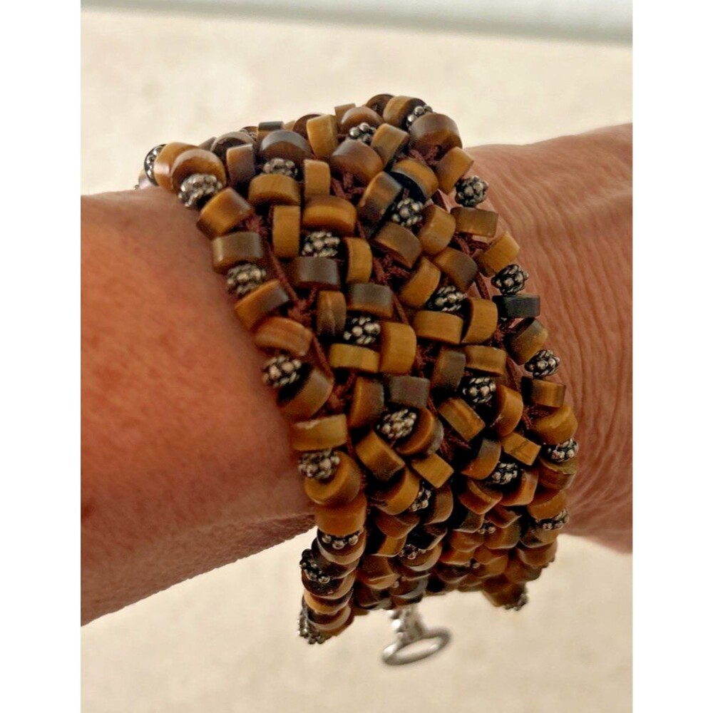Kenneth Cole Wide Multistrand Brown Beaded Bracelet Signed with T Clasp